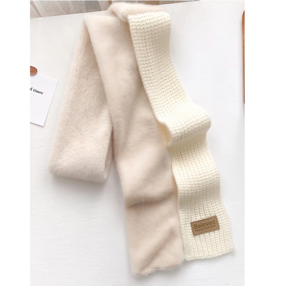 Beige / Cream Fuzzy Cable Knit Scarf Stretchy and Soft - Picture 2 of 5